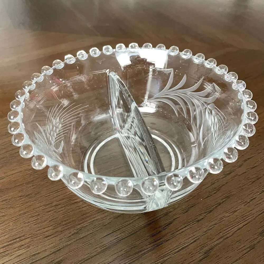 Imperial Candlewick Divided Etched Glass Bowl Bead Edge Wheat Serving Elegant